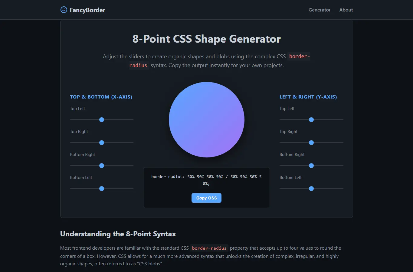 Screenshot of FancyBorder: 8-Point Radius Builder interface showing the project page in use